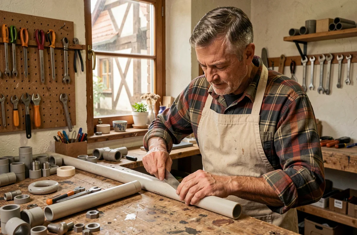 Artisan ACK Artisanat découpant un tuyau PVC dans son atelier de plomberie à Mulhouse
