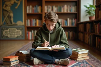 Adolescent dessinant le dieu grec Apollon entouré de livres de mythologie dans une librairie vintage