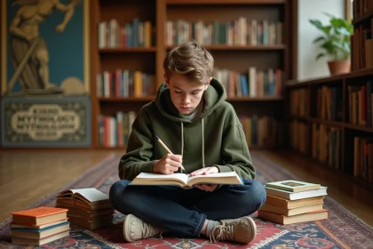 Adolescent dessinant le dieu grec Apollon entouré de livres de mythologie dans une librairie vintage