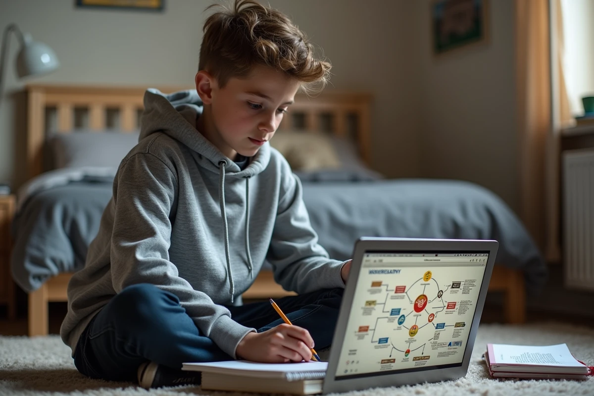 Adolescent prenant des notes devant un arbre généalogique interactif de Zeus et la mythologie grecque sur ordinateur portable