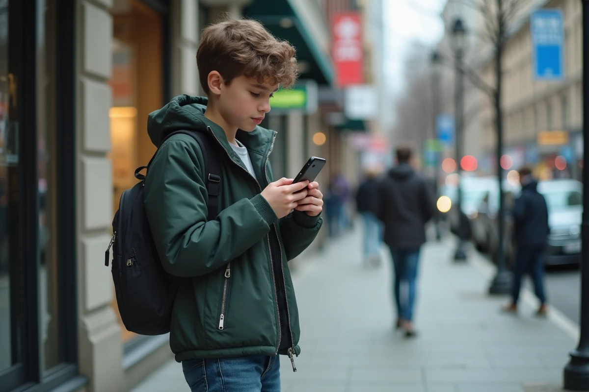 Adolescent envoyant un SMS anonyme et gratuit depuis son smartphone en pleine rue avec une connexion internet mobile