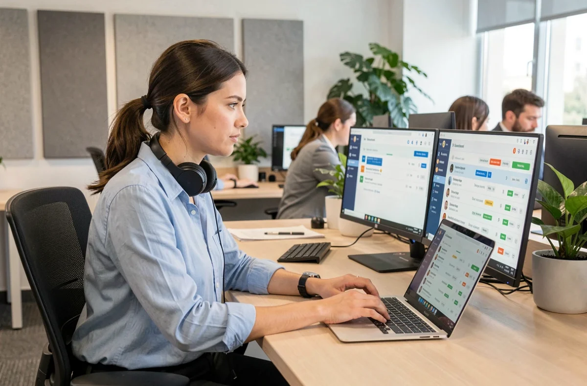 Agente du support Vinted travaillant sur un tableau de bord de tickets urgents dans un bureau moderne