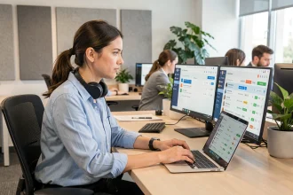 Agente du support Vinted travaillant sur un tableau de bord de tickets urgents dans un bureau moderne