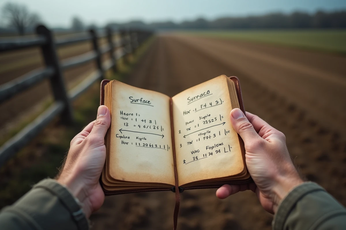 Mains d'agriculteur tenant un carnet de calculs de surface en hectares et mètres carrés au bord d'un champ