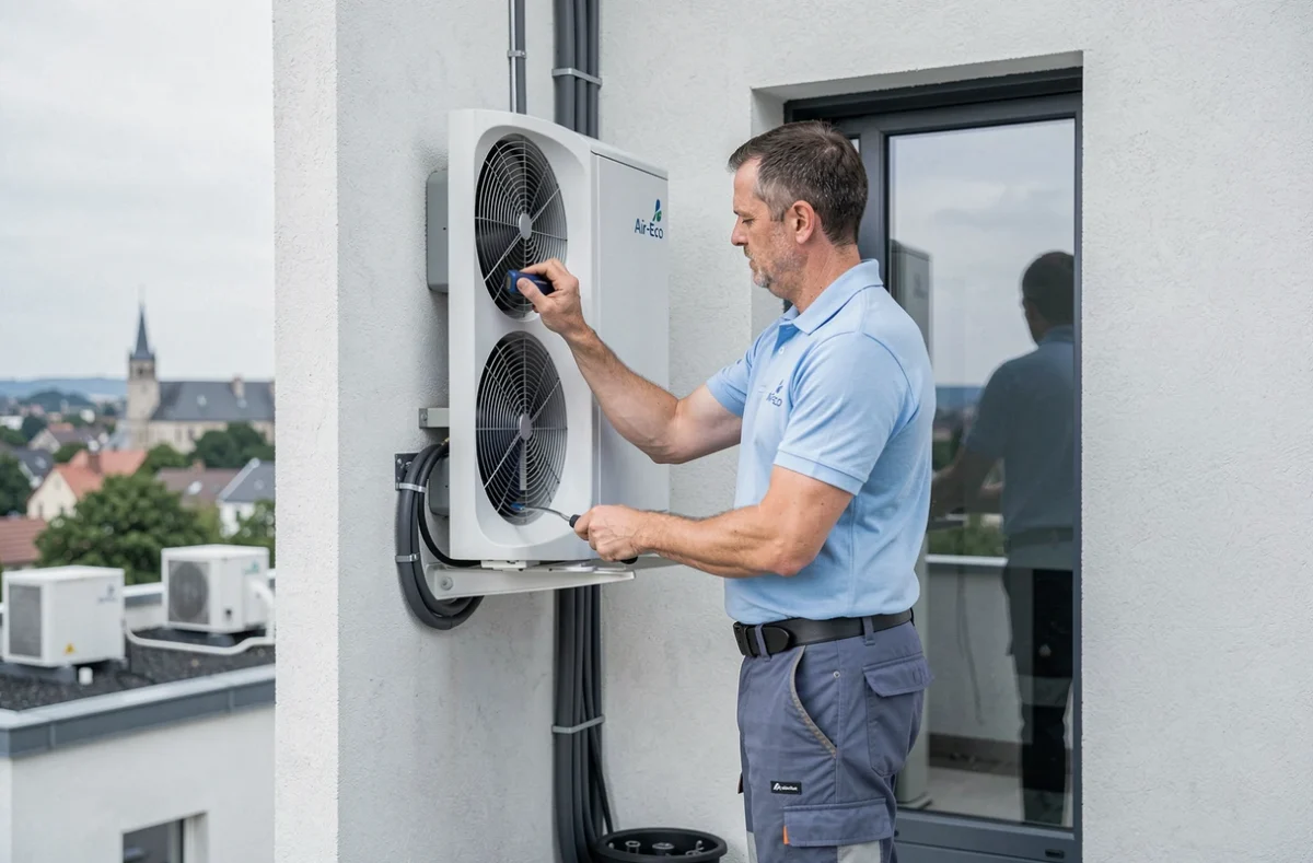 Technicien Air-Eco installant une pompe à chaleur sur la façade d'un immeuble résidentiel à Mulhouse