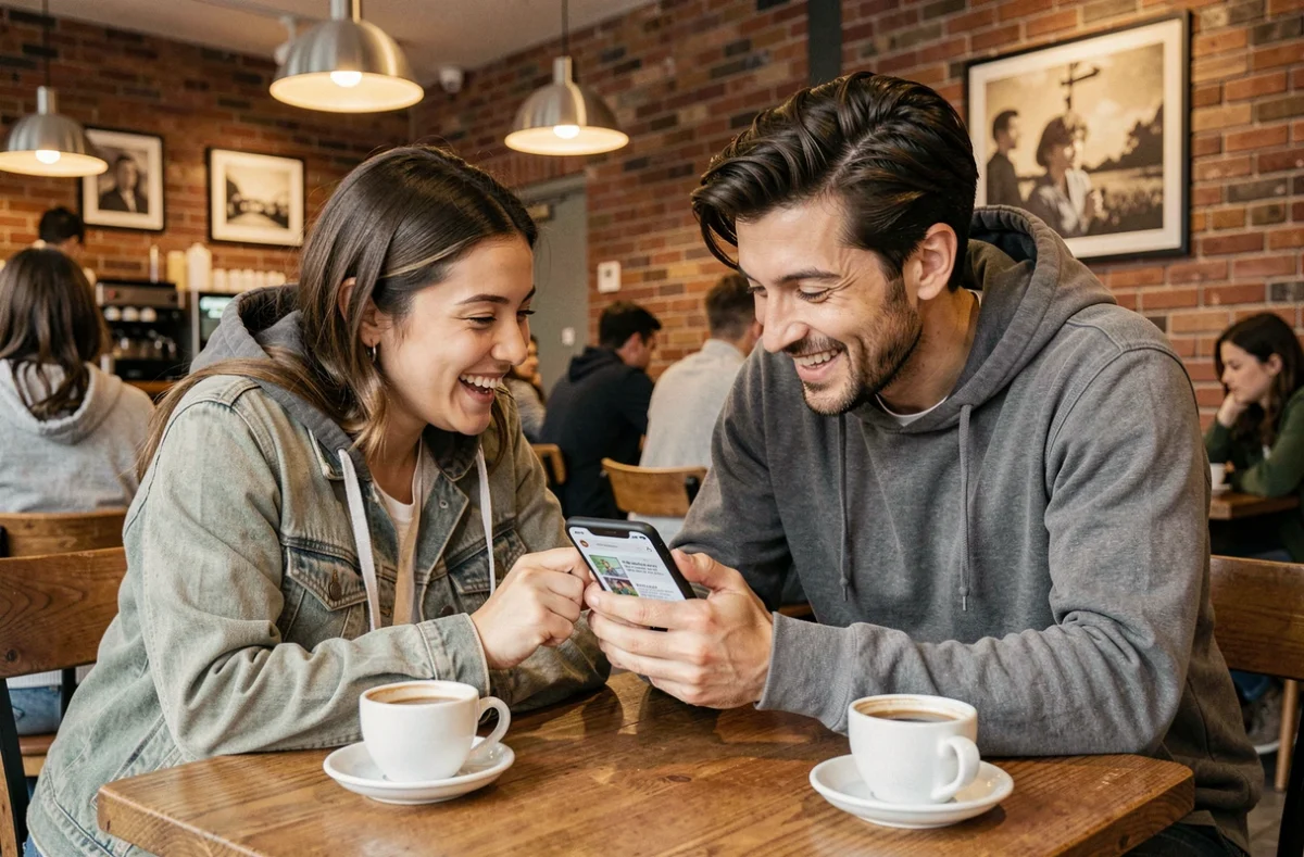 Deux amis dans un café partageant un smartphone pour lire ensemble un webtoon sur un site de scan en ligne