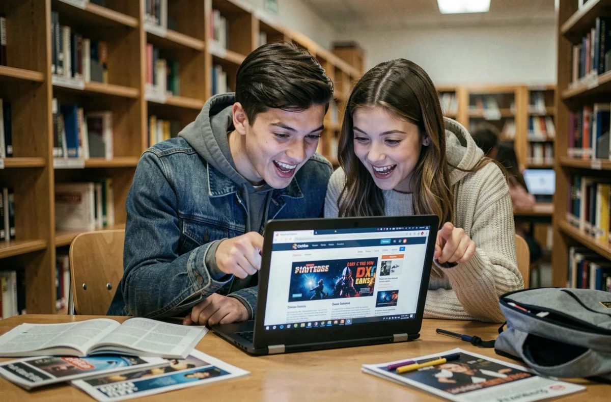 Deux amis découvrant ensemble un drama culte retrouvé grâce aux archives JVC dans une bibliothèque universitaire