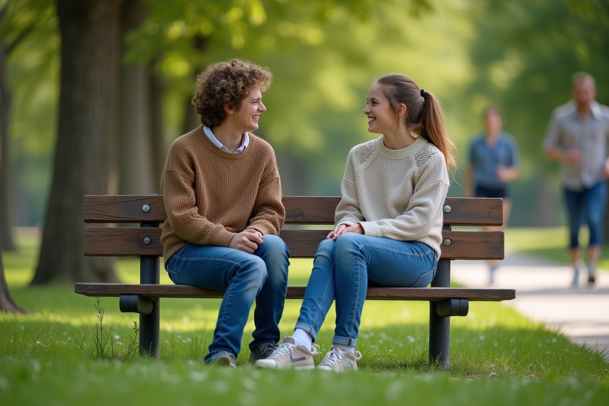 Deux adolescents riant sur un banc dans un parc
