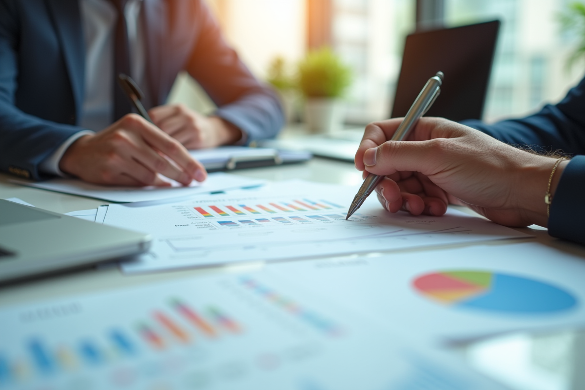 Mains analysant papiers et graphiques dans un bureau lumineux