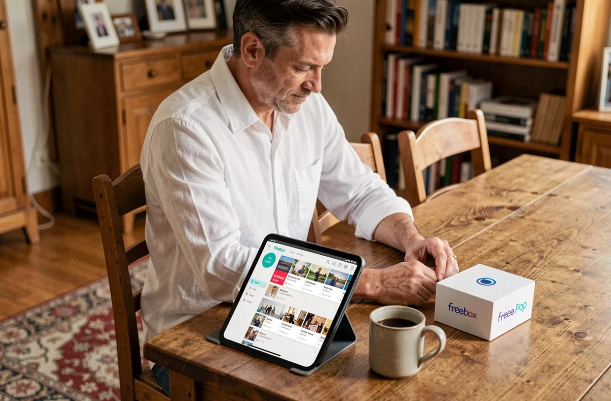 Homme utilisant l'application Freebox TV sur tablette pour gérer ses chaînes favorites avec la Freebox Pop posée sur la table