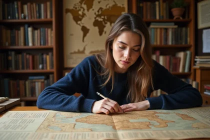 Jeune femme étudiant un arbre généalogique interactif de la mythologie grecque avec Zeus sur une table en bois