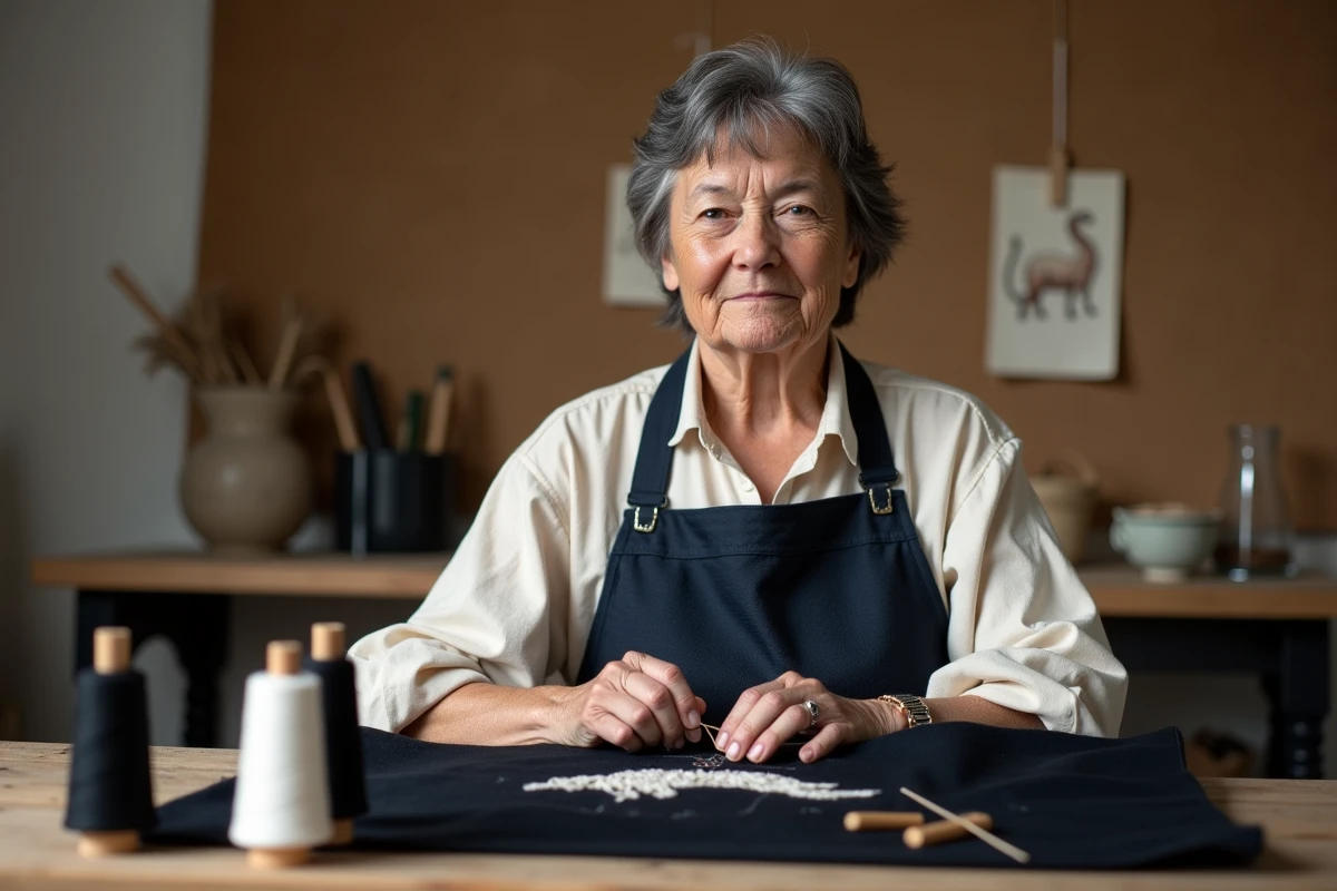 Artisane bretonne brodant un motif d'hermine sur tissu en laine noire dans un atelier traditionnel