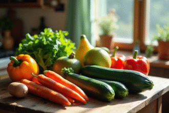 Assortiment de légumes et fruits Z sur table rustique