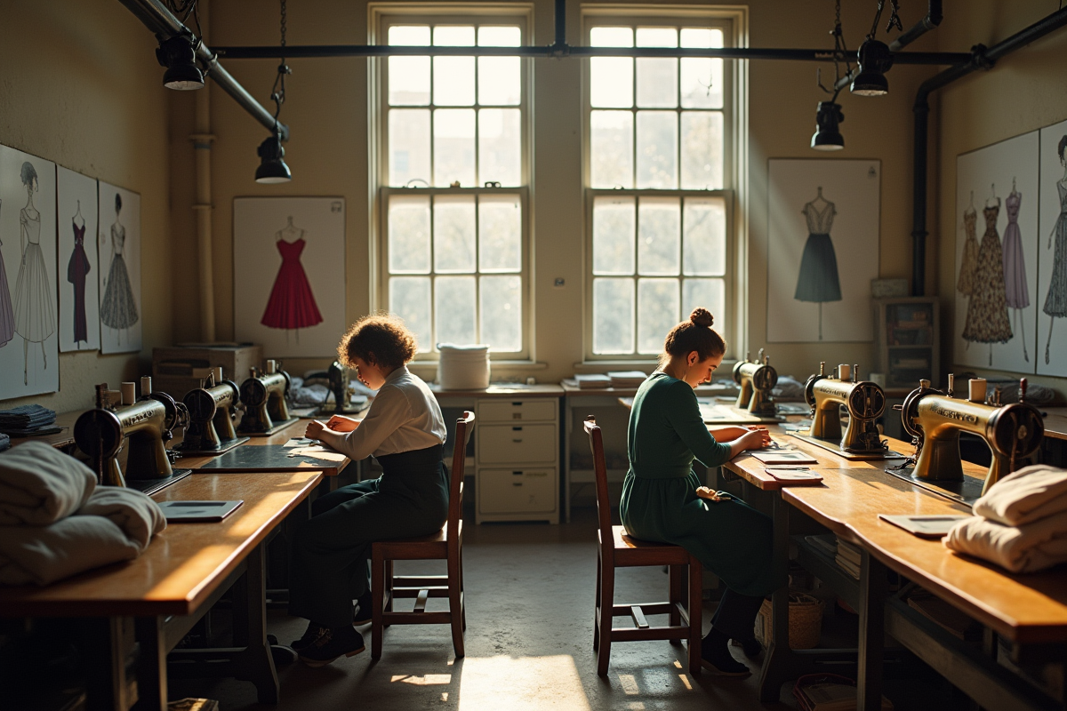 Atelier de couture vintage avec couturières et tissus