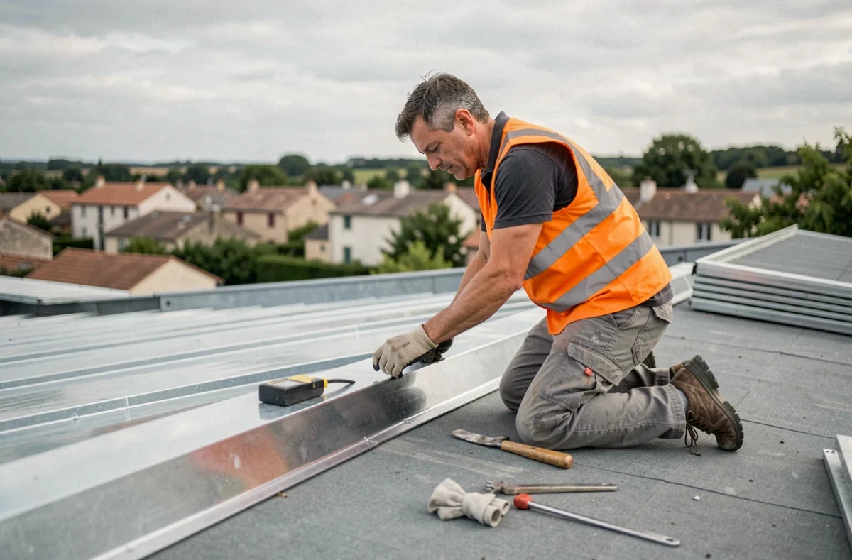 Technicien en couverture installant des gouttières en zinc sur un bâtiment moderne pour AZC Limousin