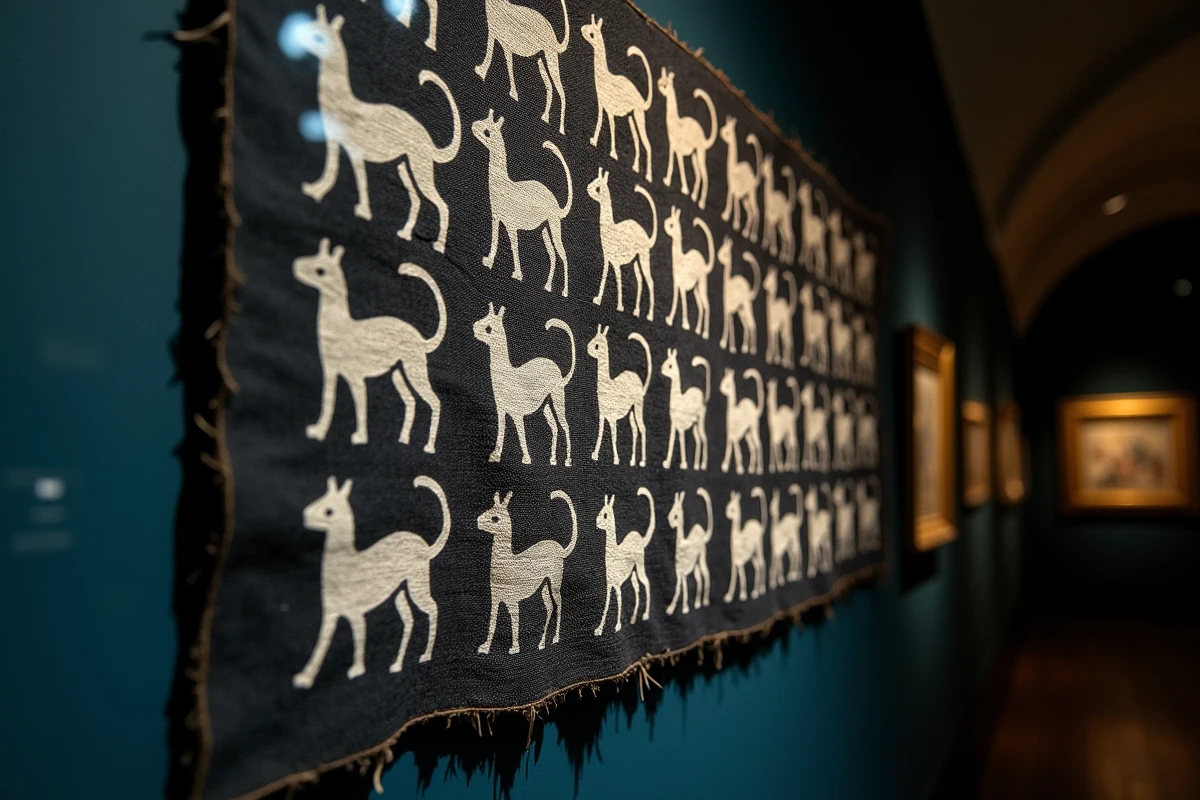 Détail d'une bannière cérémonielle bretonne ancienne avec motifs d'hermines brodés exposée dans un musée