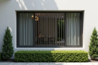 Façade de maison contemporaine avec barreaux en aluminium anthracite brossé devant une grande fenêtre