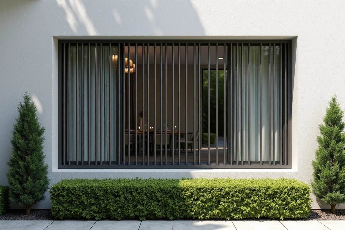 Façade de maison contemporaine avec barreaux en aluminium anthracite brossé devant une grande fenêtre