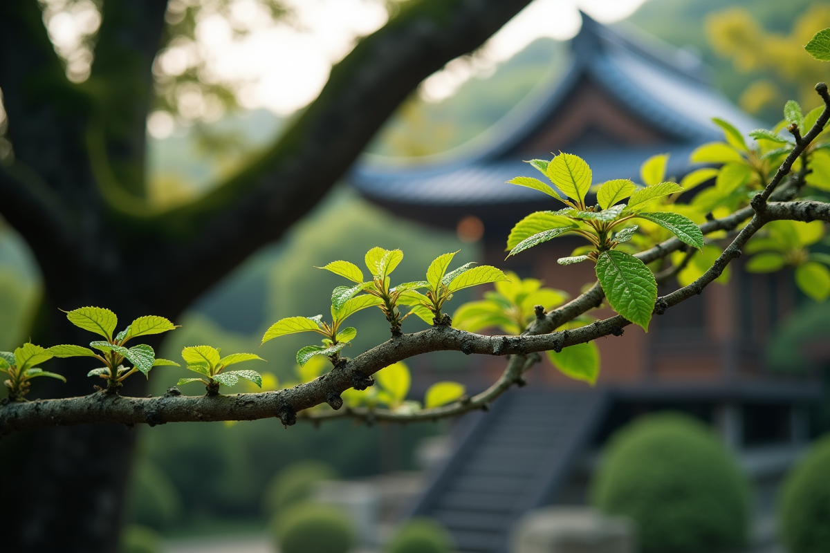 Gros plan sur un arbuste japonais ancien avec branches torsadées
