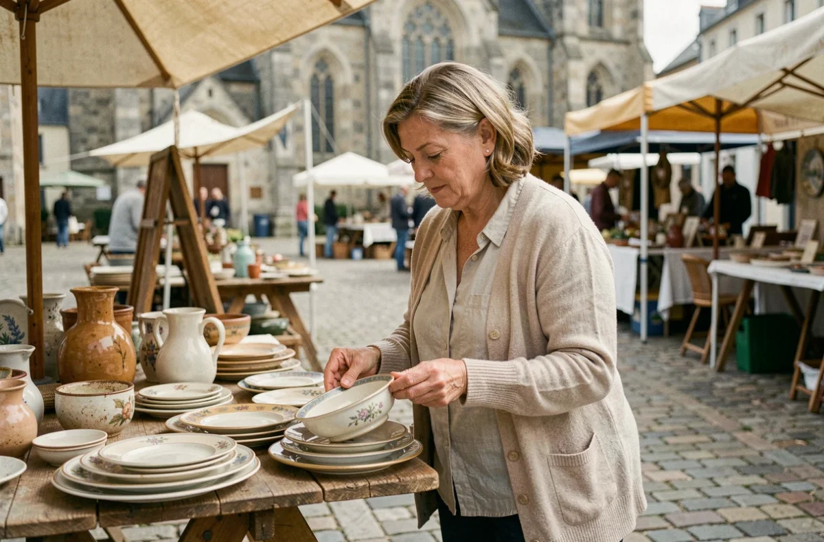 Femme parcourant des objets anciens sur un marché aux puces en plein air dans le Pas-de-Calais