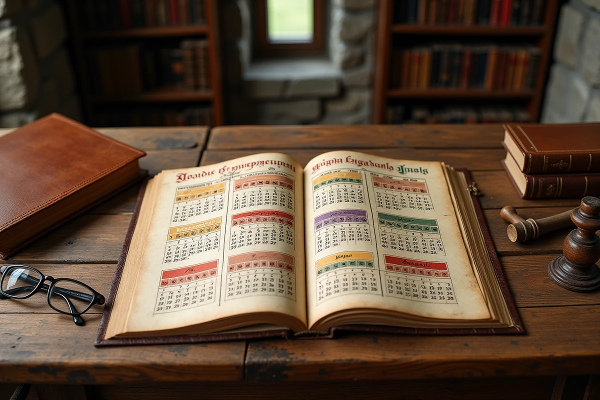Bureau monastique avec un calendrier liturgique manuscrit ouvert, une Bible en cuir et une croix en bois sur une surface en bois ancien