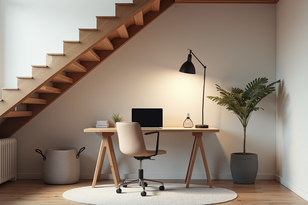 Espace de travail minimaliste sous un escalier en bois avec bureau et ordinateur