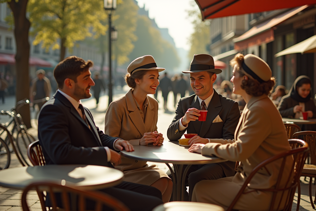 Jeunes au café en plein air à Paris en 1946