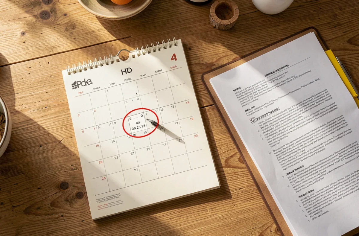Calendrier avec une date entourée à côté d'un dossier de documents