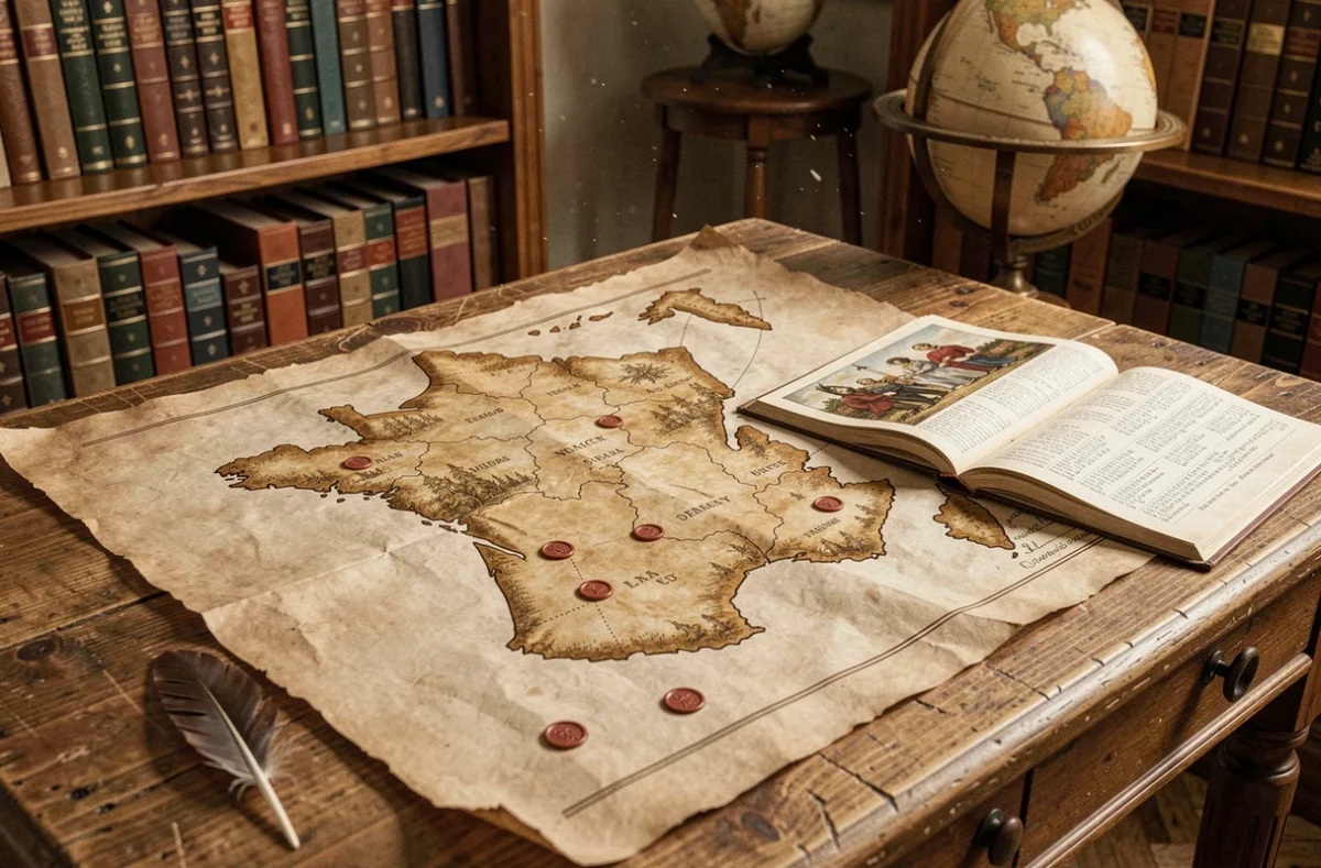 Carte ancienne de France en parchemin avec frise chronologique des rois posée sur une table en bois, entourée de livres d'histoire