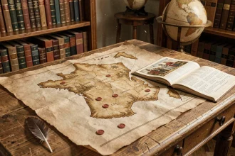 Carte ancienne de France en parchemin avec frise chronologique des rois posée sur une table en bois, entourée de livres d'histoire