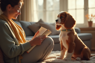 Chiot cavalier king charles sur un canapé lumineux