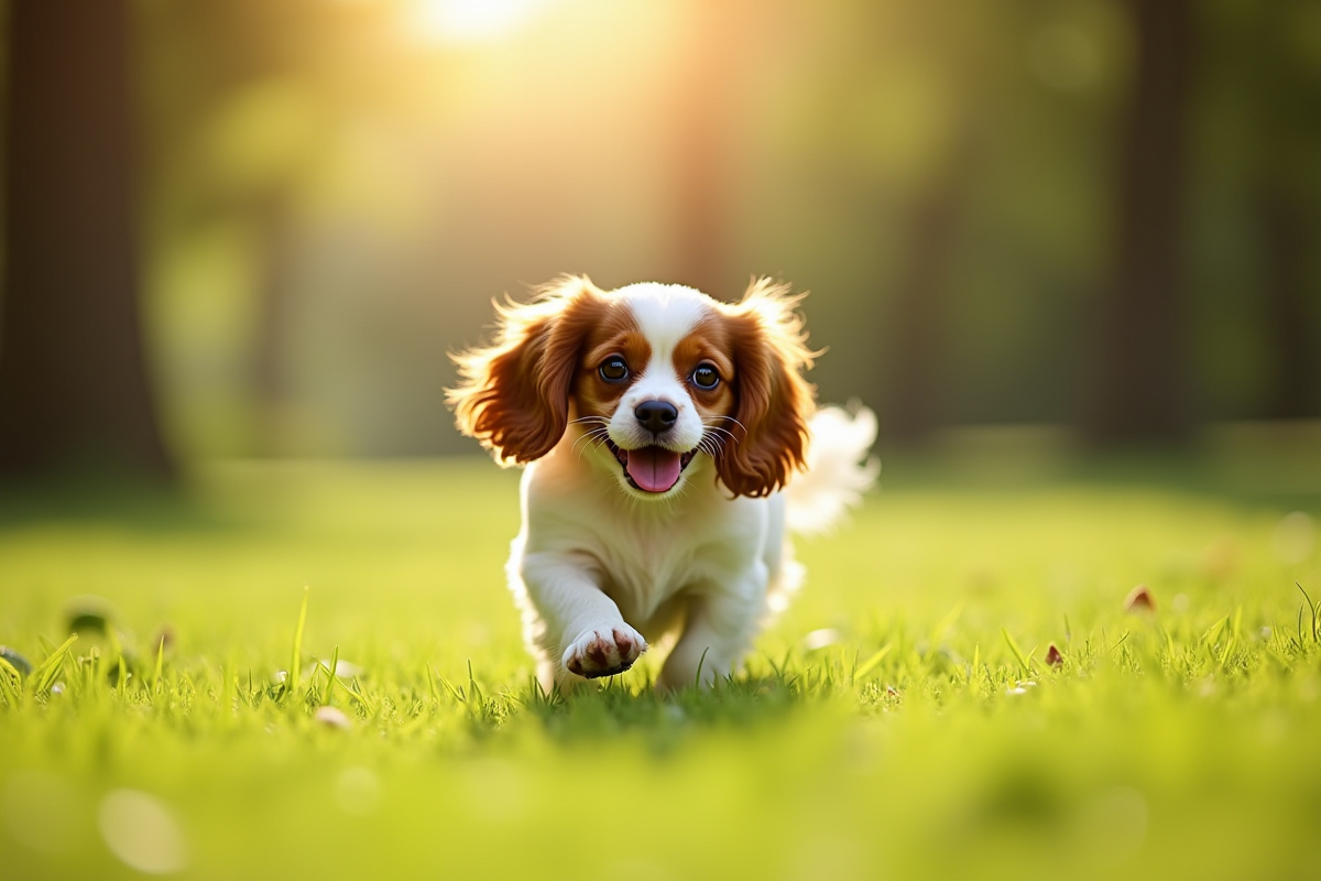 Chiot cavalier king charles courant dans un parc ensoleille