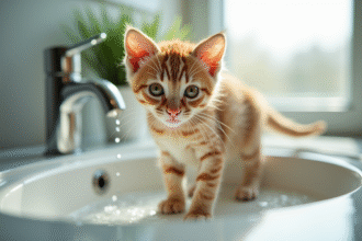 Chaton mouille dans l'évier de salle de bain lumineux