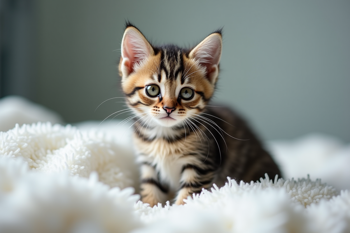 Chaton tacheté mouillé sur une serviette blanche