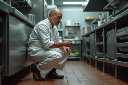 Chef en cuisine examine un piège à graisse professionnel