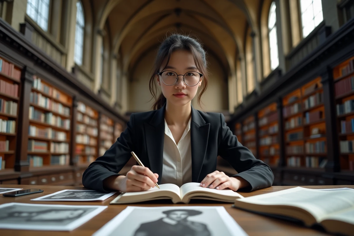 Jeune chercheuse étudiant les liens entre les peintres français du 20ème siècle et les avant-gardes européennes dans une bibliothèque universitaire