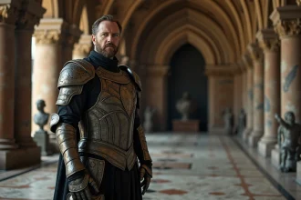 Homme en armure victorienne dans un hall gothique