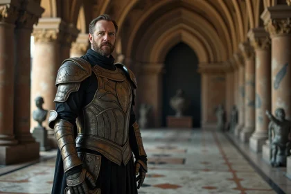 Homme en armure victorienne dans un hall gothique