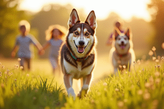 Chien berger allemand husky courant dans un champ ensoleille
