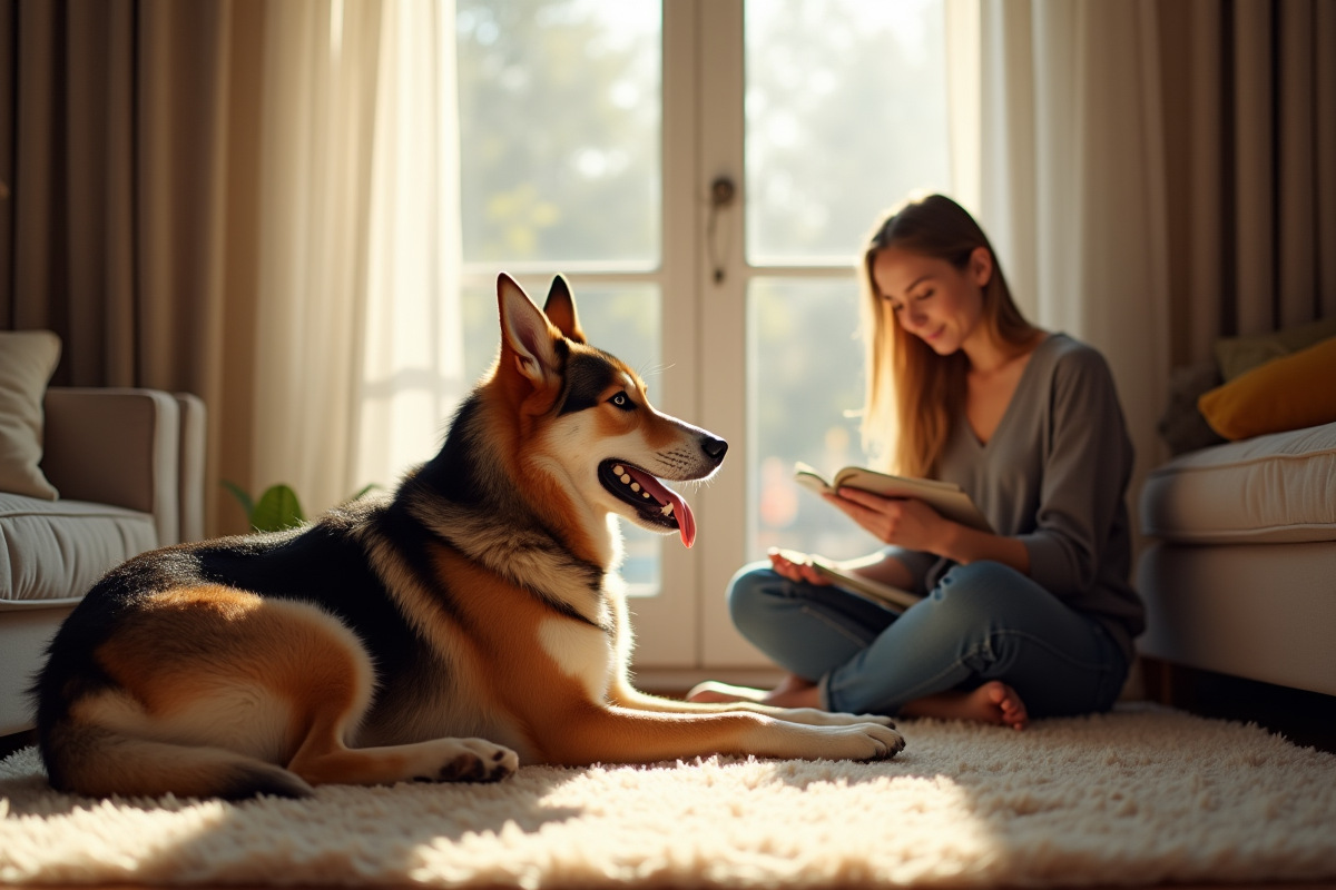 Chien husky reposant sur un tapis dans un salon lumineux