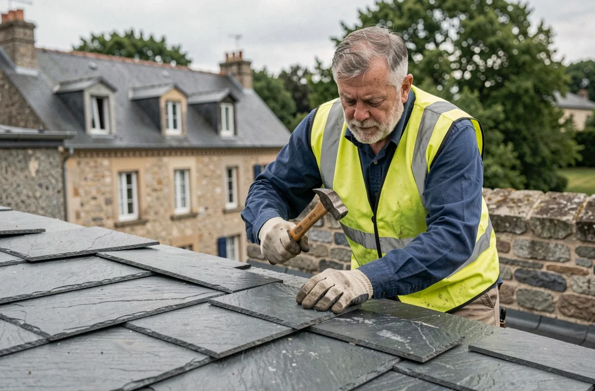 Artisan couvreur posant des ardoises sur une maison traditionnelle en Haute-Vienne pour Christophe Couverture Zinguerie Charpente