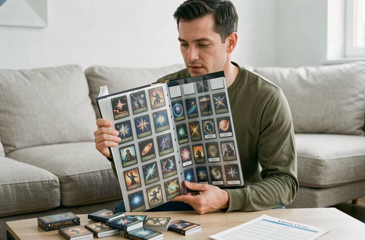Homme tenant un classeur de cartes Couronne Stellaire avec check-list imprimée et pochettes de rangement
