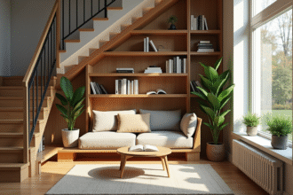 Coin lecture cosy sous un escalier moderne avec étagères et plantes