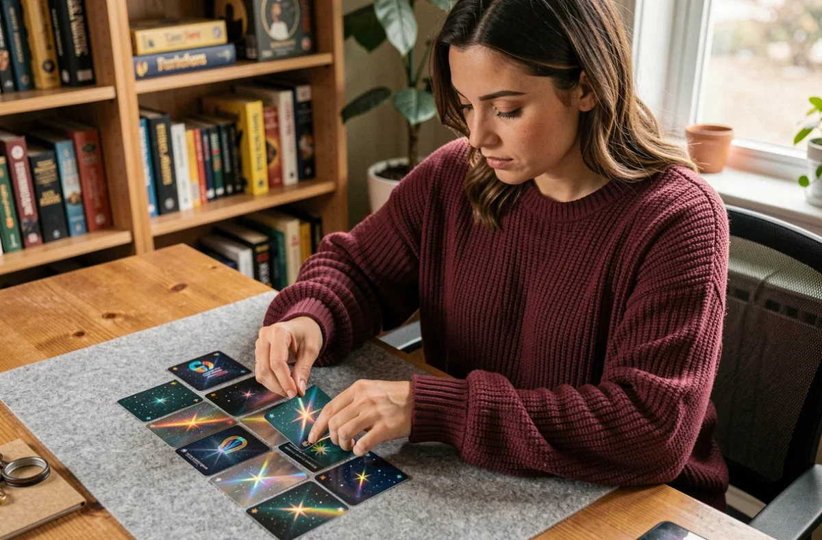 Jeune femme classant sa collection de cartes holographiques Couronne Stellaire sur un bureau en bois