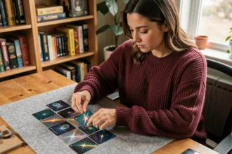 Jeune femme classant sa collection de cartes holographiques Couronne Stellaire sur un bureau en bois