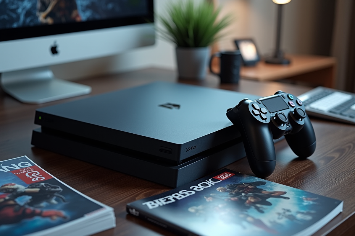 Console PlayStation 4 et contrôleur sur un bureau moderne avec magazines