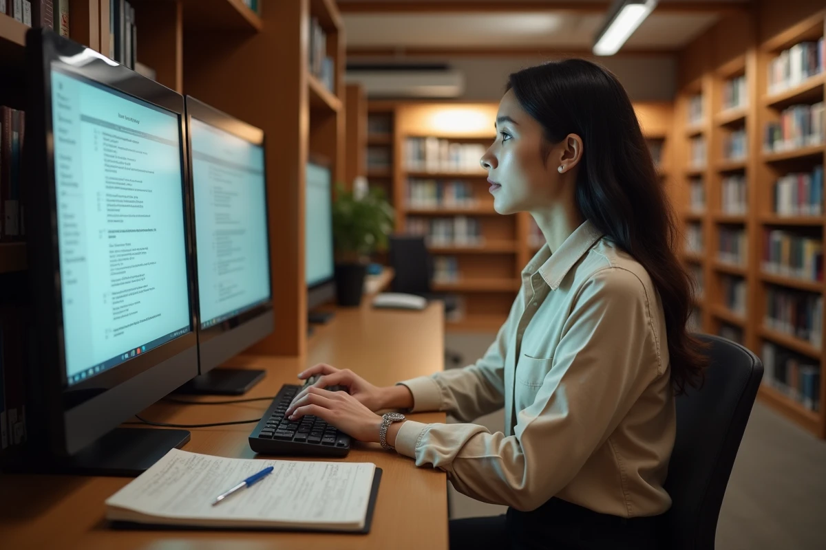 Femme consultant des bases de données généalogiques en bibliothèque pour retracer une naissance