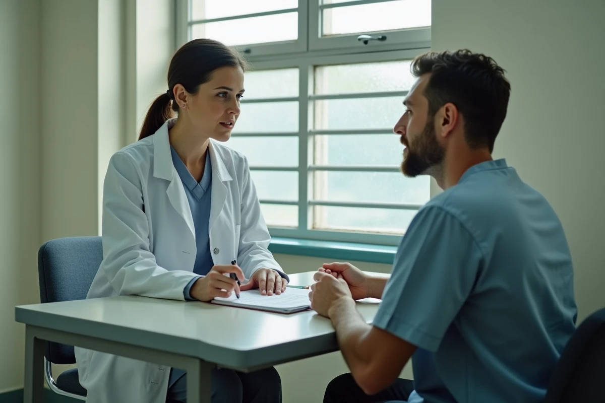 Professionnel de santé en consultation nutritionnelle avec un détenu dans une salle médicale de prison