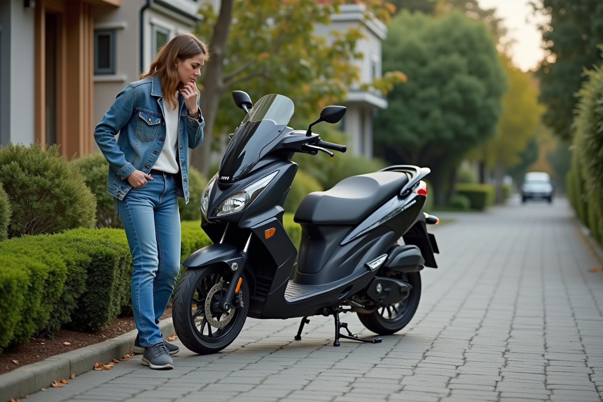 Femme vérifie un ancrage moto sur une allée résidentielle