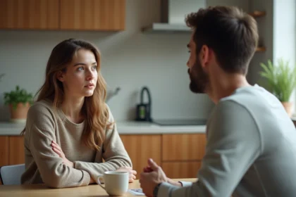 Jeune femme en discussion sérieuse avec un ami dans une cuisine moderne